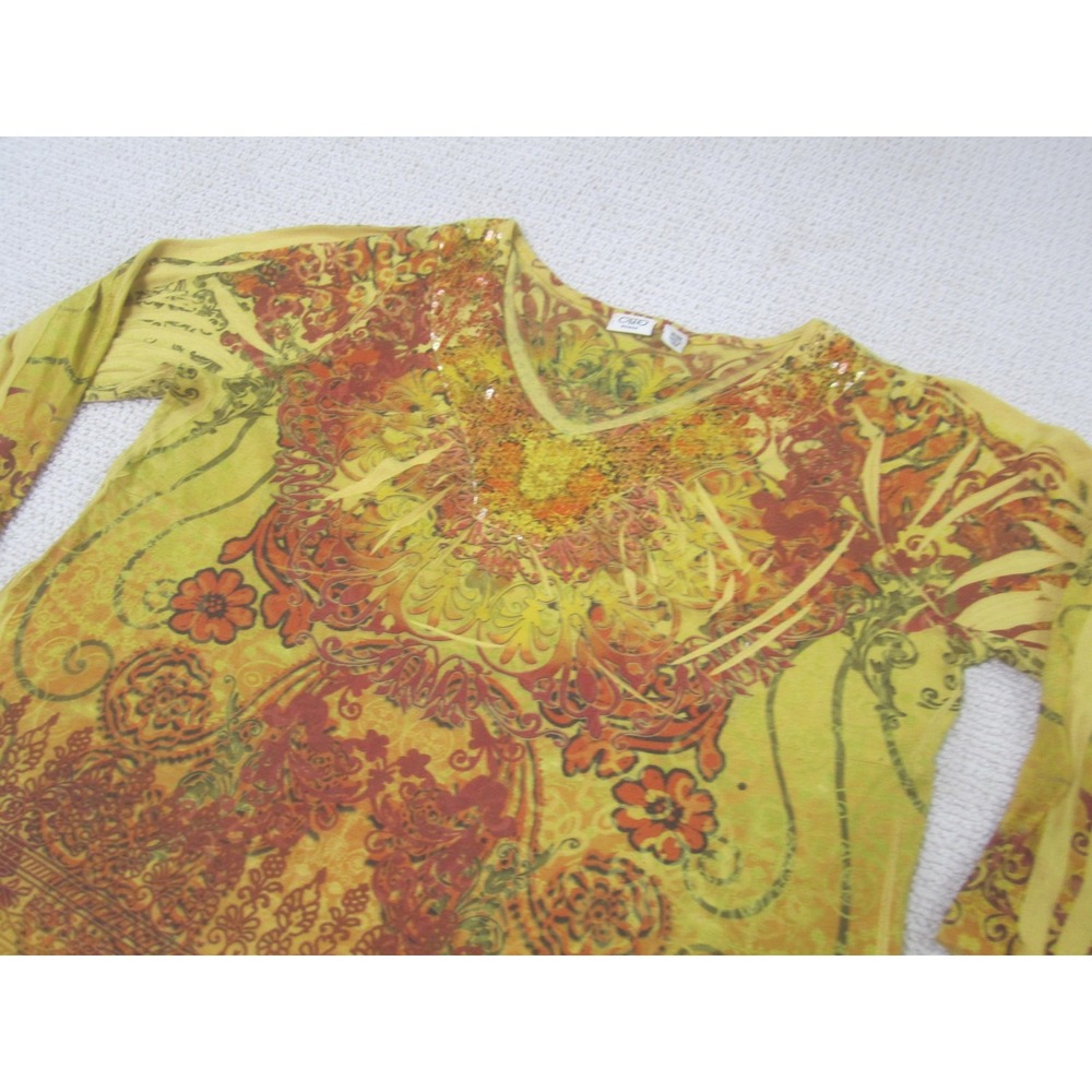Cato Woman Shirt Womens Plus 18/20W Yellow Boho V Neck 3/4 Sleeve Embellished‎ - Picture 2 of 9